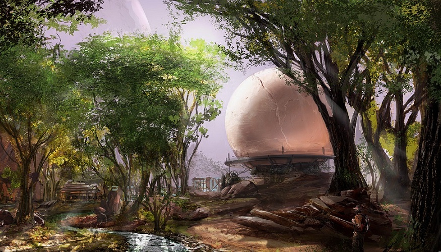 Obduction concept art of a spherical structure in a forest