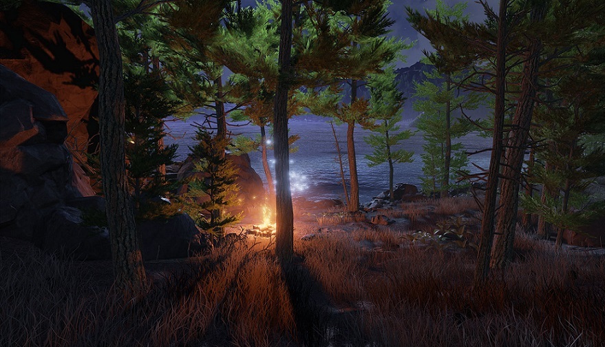 Obduction screenshot of campfire in a forest
