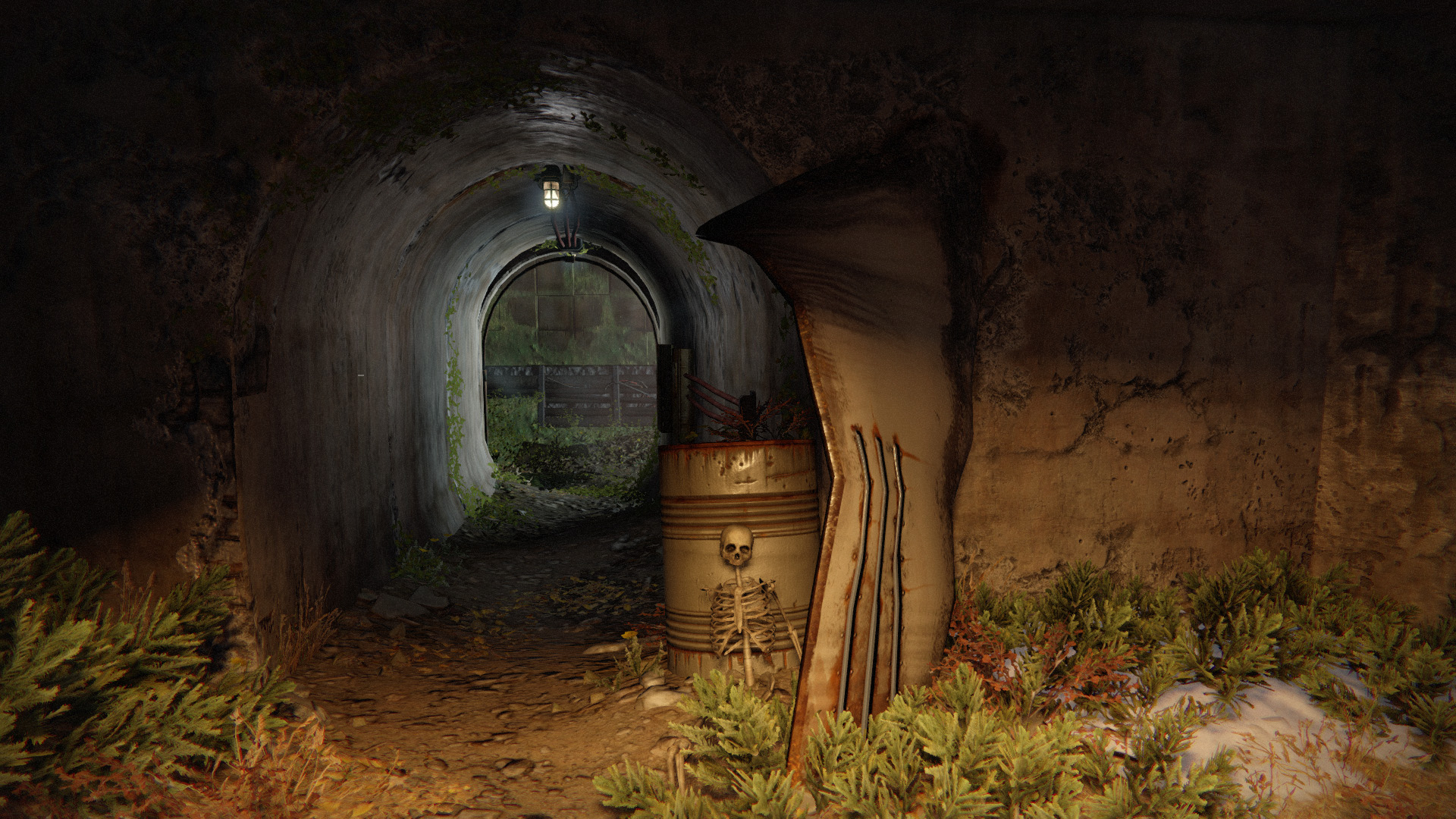 a skeleton beside a tunnel entrance