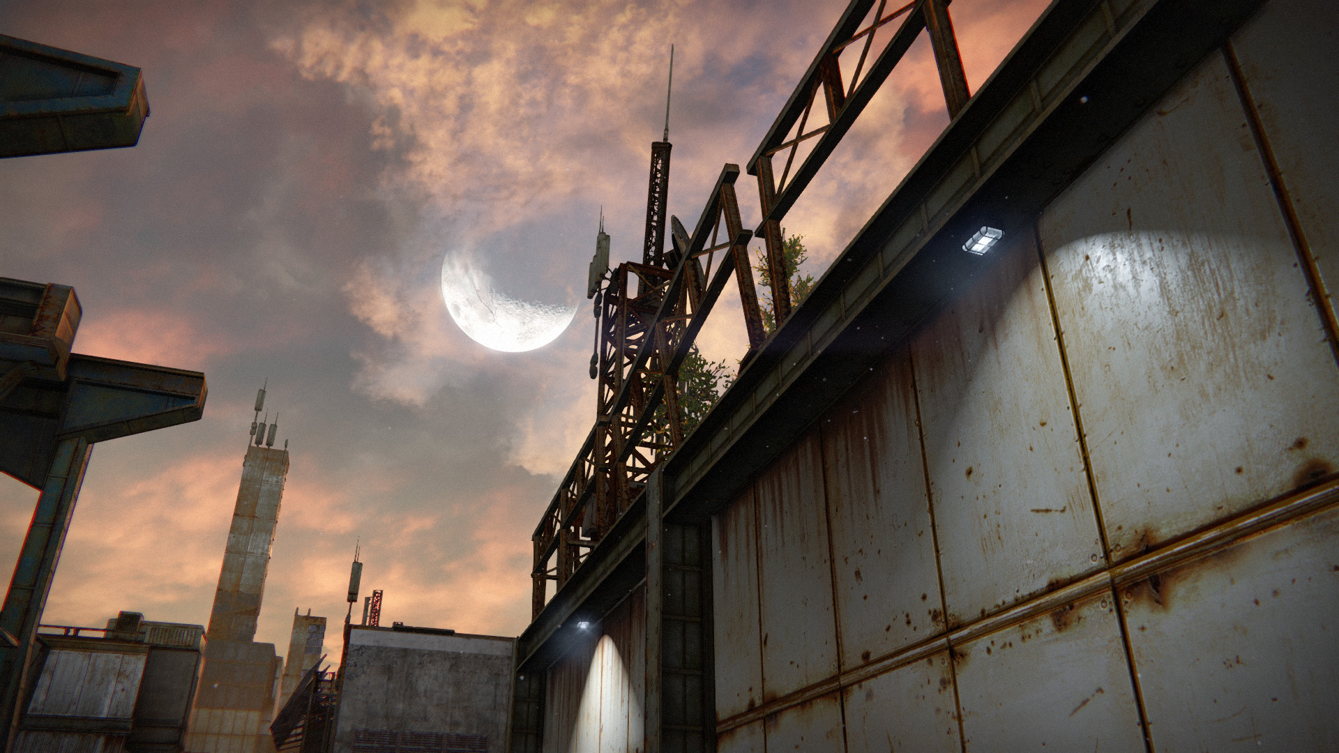 a bright dusk moon behind industrial structures
