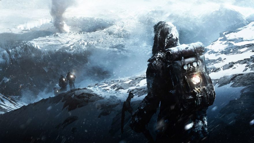 Frostpunk concept art, featuring a figure in heavy camping gear following a few other figures down a snowy mountain. everything is frozen and dire